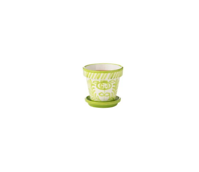 Pot et soucoupe ceramique fleurs vert - J-LINE