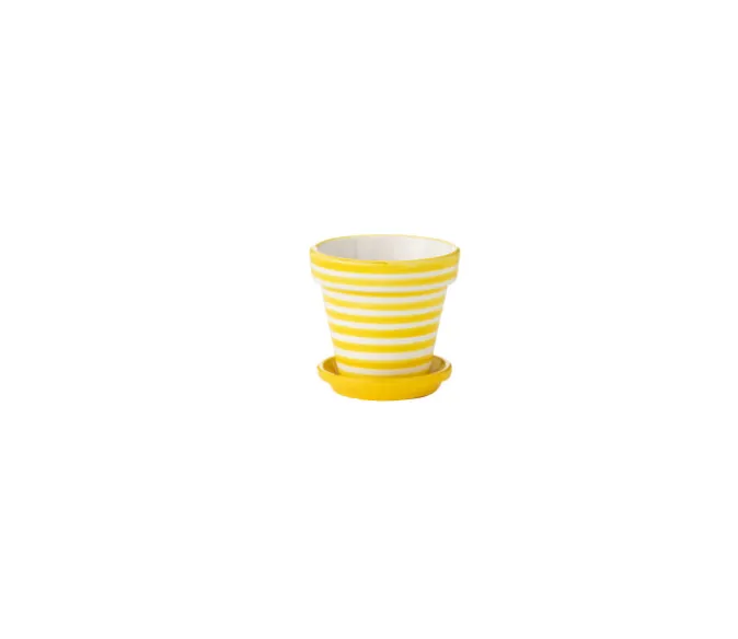 Pot et soucoupe ceramique jaune rayé - J-LINE