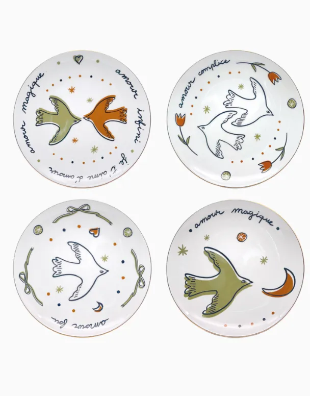 [017900] Set de 4 assiettes dessert Amour/Oiseaux - OPJET PARIS