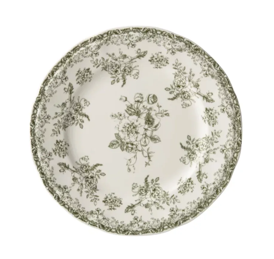 [268864] Assiette plate fleurs céramique vert/blanc - J-LINE