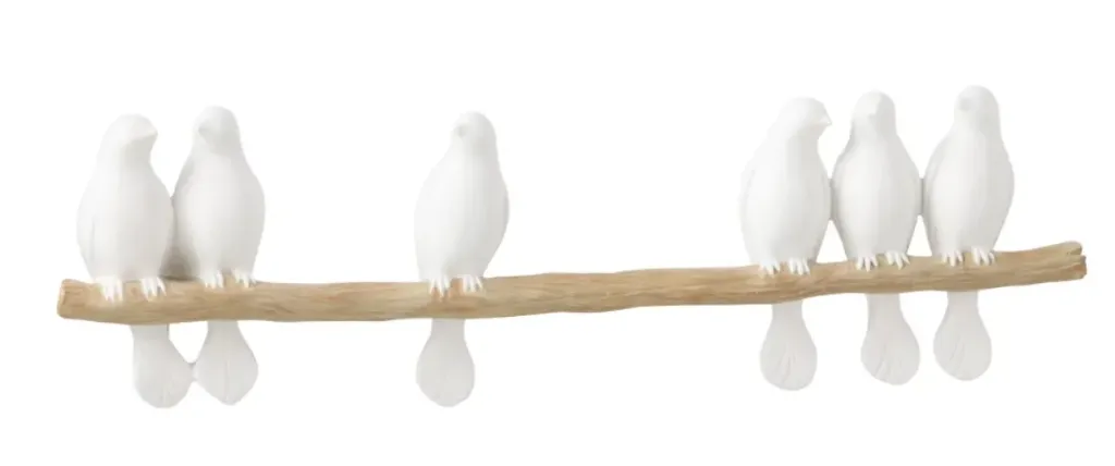 Six oiseaux sur branche blanc - J-LINE